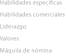 Habilidades especificas Habilidades comerciales Liderazgo Valores Máquila de nómina